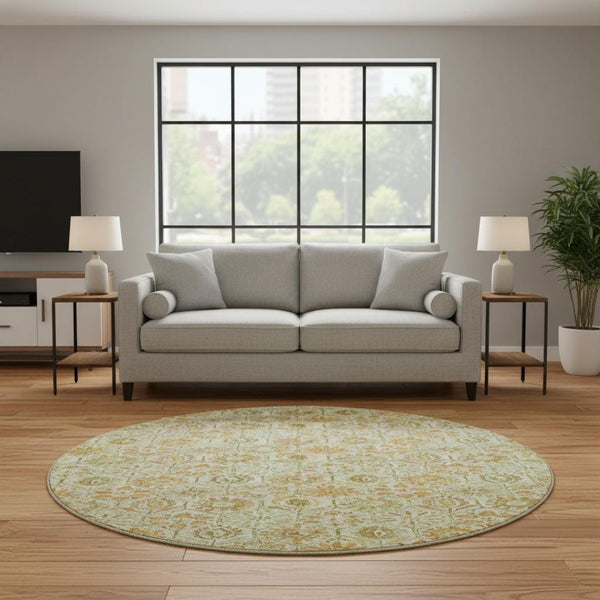 HomeRoots 8' X 10' Beige & Gold Floral Washable Area Rug - UV Protected, Durable & Easy-Care for Family Life 708647