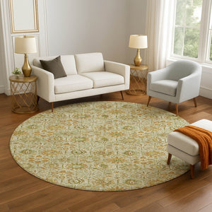 HomeRoots 8' X 10' Beige & Gold Floral Washable Area Rug - UV Protected, Durable & Easy-Care for Family Life 708647