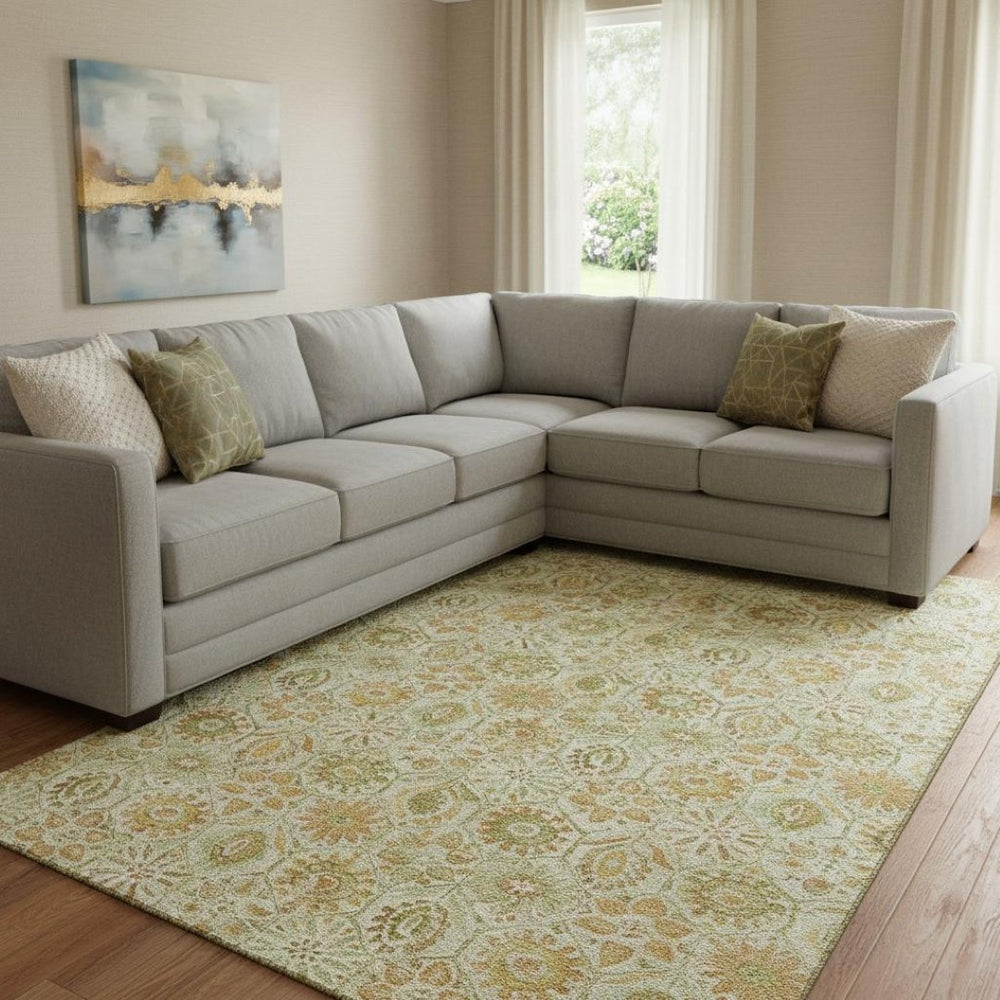 HomeRoots 9' X 12' Beige and Gold Floral Area Rug - Washable, Stain Resistant, UV Protected for Busy Homes 708648