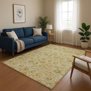 HomeRoots 9' X 12' Beige and Gold Floral Area Rug - Washable, Stain Resistant, UV Protected for Busy Homes 708648