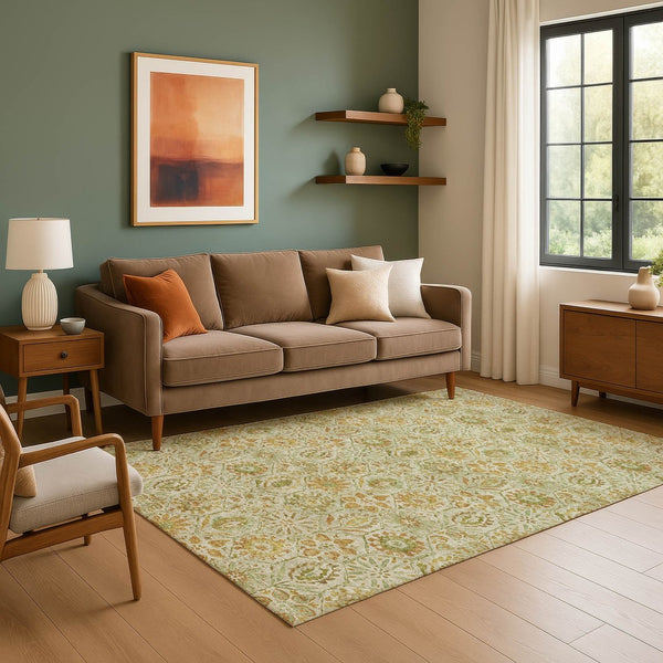 HomeRoots 9' X 12' Beige and Gold Floral Area Rug - Washable, Stain Resistant, UV Protected for Busy Homes 708648