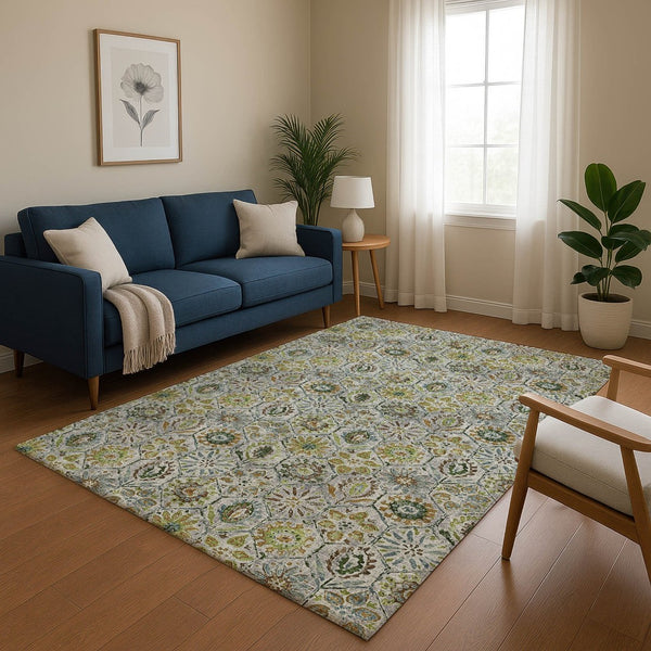 HomeRoots 5' X 8' Washable Green Gray Copper Floral Area Rug with UV Protection - Durable & Stylish Design 708651