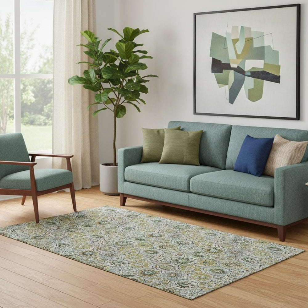HomeRoots 8' Washable Floral Area Rug - Green, Gray & Copper with UV Protection for Stylish, Durable Living Spaces 708652