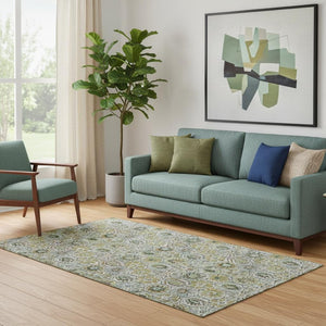 HomeRoots 8' Washable Floral Area Rug - Green, Gray & Copper with UV Protection for Stylish, Durable Living Spaces 708652