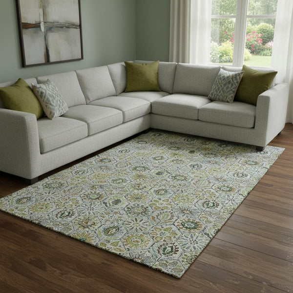 HomeRoots 9' Washable Area Rug in Green, Gray & Copper Floral Design - UV Protected, Stain Resistant, Durable 708654
