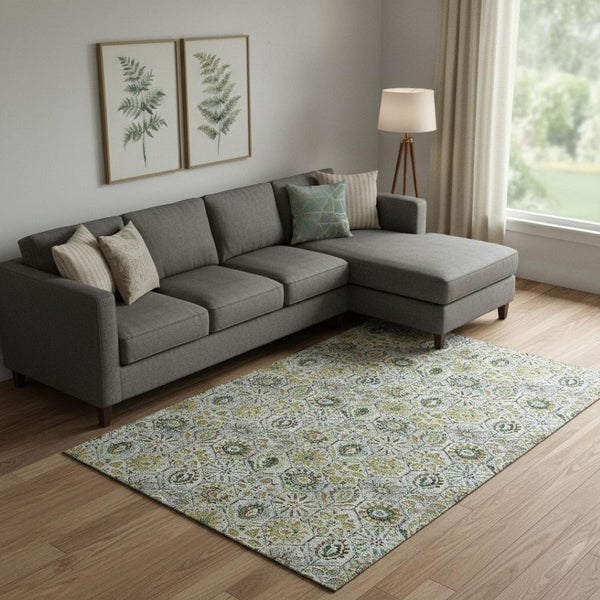 HomeRoots 10' Floral Washable Area Rug in Green, Gray & Copper with UV Protection for Durable Everyday Use 708655