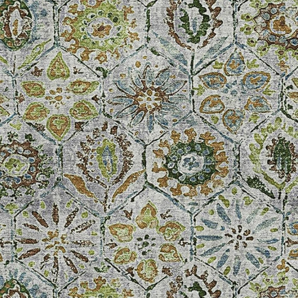 HomeRoots 10' Floral Washable Area Rug in Green, Gray & Copper with UV Protection for Durable Everyday Use 708655