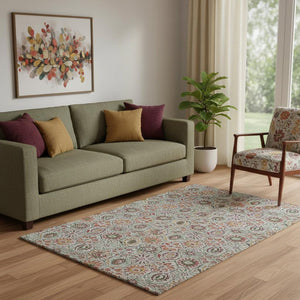 HomeRoots 8' Washable Floral Round Rug in Rust, Gray & Silver – UV Protected, Durable & Stylish for Homes 708658