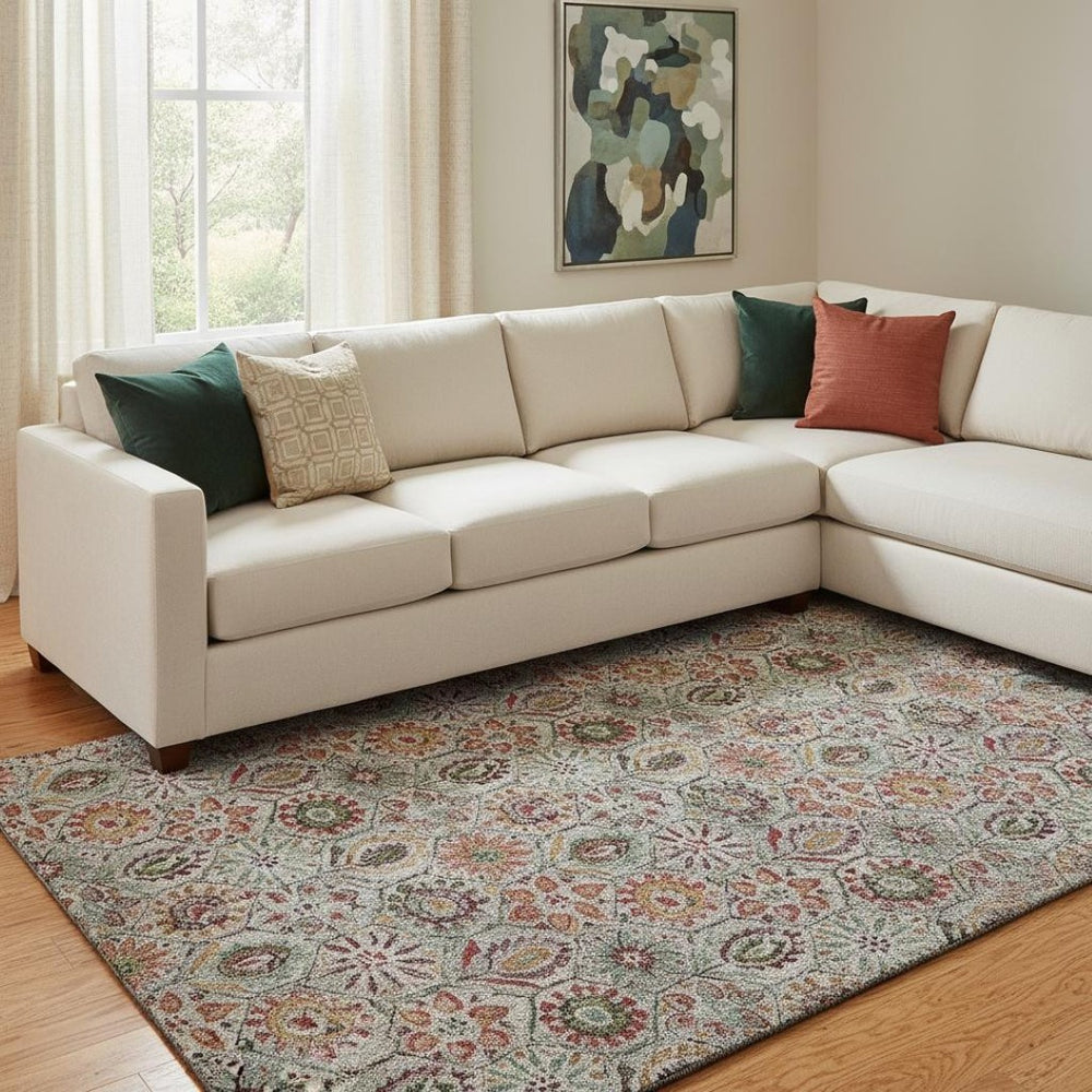 HomeRoots 9' X 12' Washable Rust Gray Silver Floral Area Rug with UV Fade Protection for Busy Homes & Style 708660