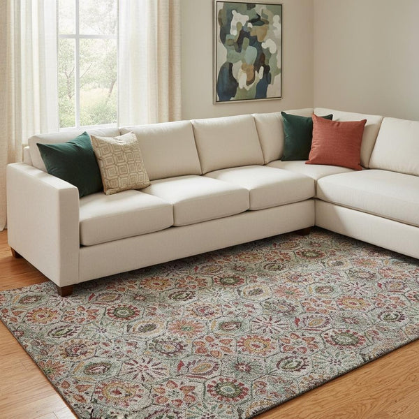 HomeRoots 9' X 12' Washable Rust Gray Silver Floral Area Rug with UV Fade Protection for Busy Homes & Style 708660