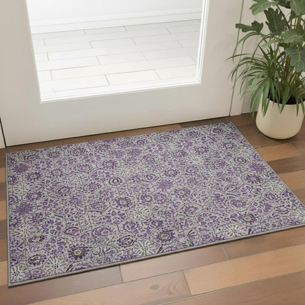 HomeRoots 5' X 8' Elegant Purple Gray Silver Floral Washable Area Rug with UV Protection & Non-Slip Backing 708663