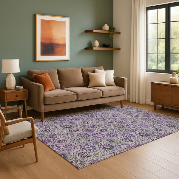 HomeRoots 5' X 8' Elegant Purple Gray Silver Floral Washable Area Rug with UV Protection & Non-Slip Backing 708663