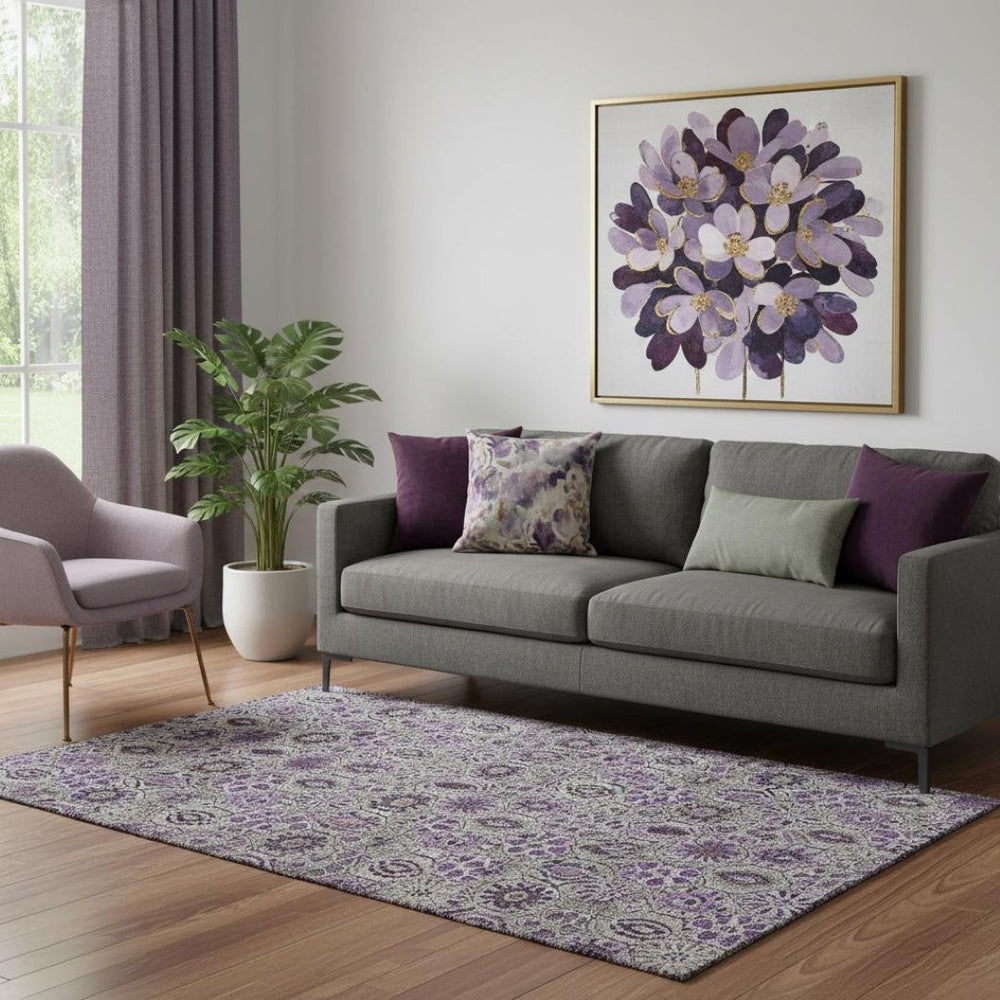 HomeRoots 8' Floral Washable Round Rug in Purple, Gray & Silver - Stain-Resistant, UV Protected & Non-Slip! 708664