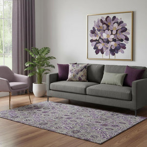 HomeRoots 8' Floral Washable Round Rug in Purple, Gray & Silver - Stain-Resistant, UV Protected & Non-Slip! 708664