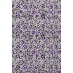 HomeRoots 8' Floral Washable Round Rug in Purple, Gray & Silver - Stain-Resistant, UV Protected & Non-Slip! 708664