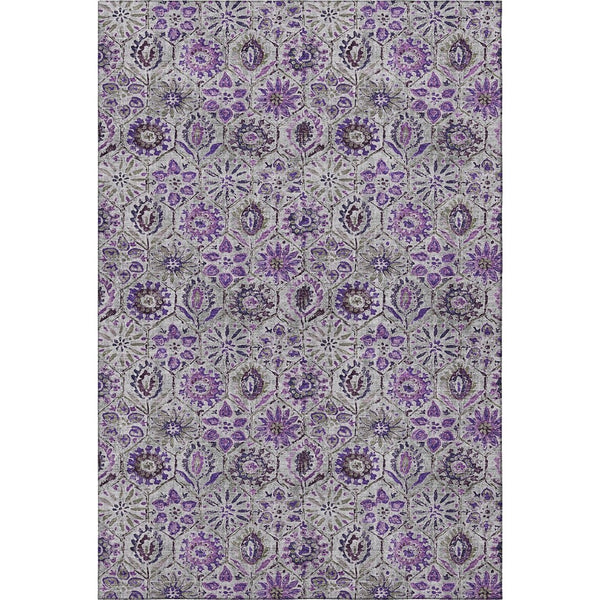 HomeRoots 8' Floral Washable Round Rug in Purple, Gray & Silver - Stain-Resistant, UV Protected & Non-Slip! 708664
