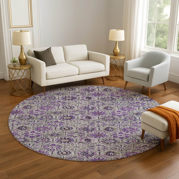 HomeRoots 8' X 10' Floral Washable Area Rug in Purple, Gray & Silver - UV Protected, Durable & Stylish Design 708665