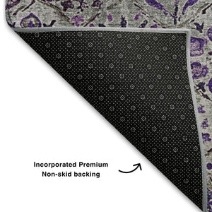 HomeRoots 8' X 10' Floral Washable Area Rug in Purple, Gray & Silver - UV Protected, Durable & Stylish Design 708665