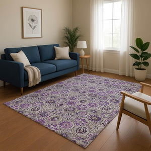 HomeRoots 9' X 12' Floral Area Rug in Purple, Gray & Silver – Washable, UV Protected & Stain Resistant Design 708666