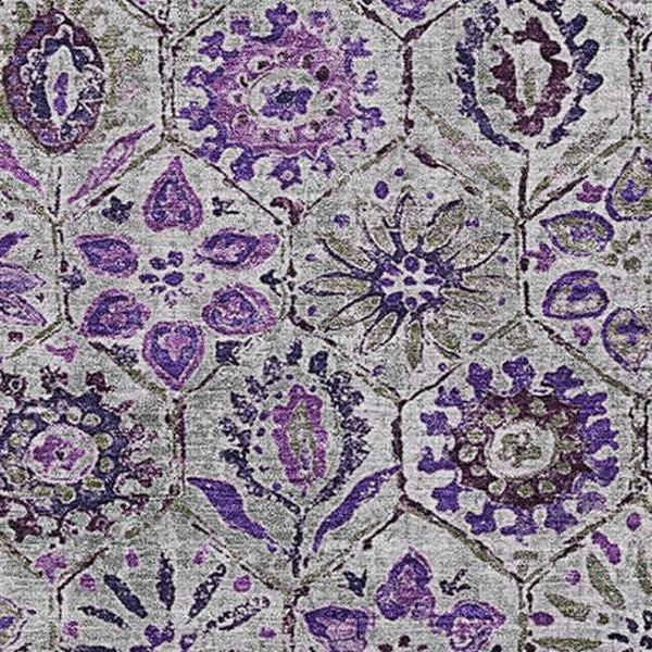 HomeRoots 10' X 14' Floral Washable Area Rug in Purple, Gray & Silver – UV Resistant, Stain Proof, Non-Slip Design 708667