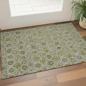 HomeRoots 5' X 8' Floral Washable Area Rug in Pewter Gold & Gray - Durable, Stain Resistant, UV Protected 708669