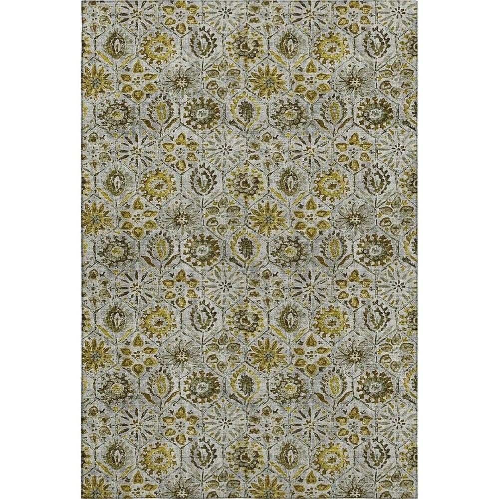 HomeRoots 5' X 8' Floral Washable Area Rug in Pewter Gold & Gray - Durable, Stain Resistant, UV Protected 708669