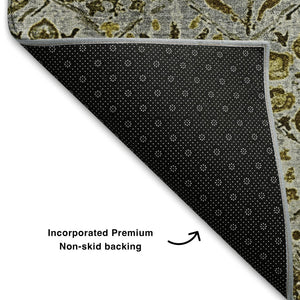 HomeRoots 5' X 8' Floral Washable Area Rug in Pewter Gold & Gray - Durable, Stain Resistant, UV Protected 708669