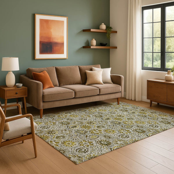 HomeRoots 5' X 8' Floral Washable Area Rug in Pewter Gold & Gray - Durable, Stain Resistant, UV Protected 708669