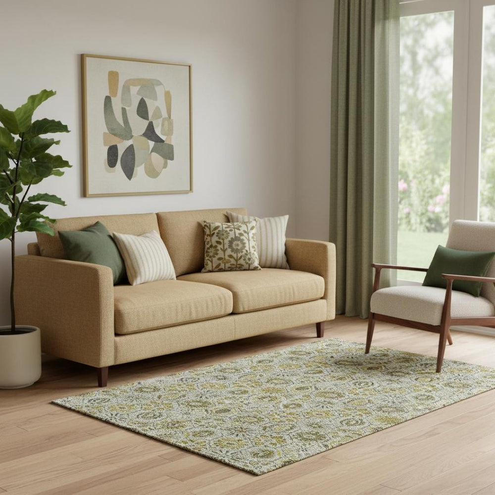 HomeRoots 8' Elegant Washable Round Rug with UV Protection - Floral Design in Pewter, Gold & Gray Tones 708670