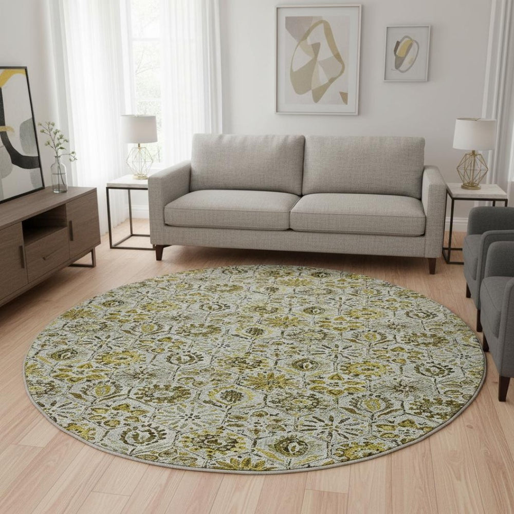 HomeRoots 8' X 10' Floral Area Rug in Pewter, Gold & Gray - Washable, UV Resistant, Durable for Family Living 708671