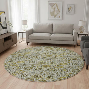 HomeRoots 8' X 10' Floral Area Rug in Pewter, Gold & Gray - Washable, UV Resistant, Durable for Family Living 708671