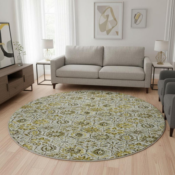 HomeRoots 8' X 10' Floral Area Rug in Pewter, Gold & Gray - Washable, UV Resistant, Durable for Family Living 708671