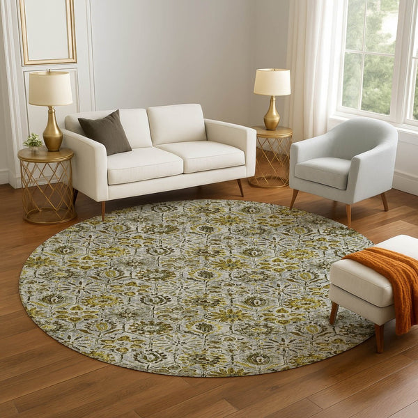 HomeRoots 8' X 10' Floral Area Rug in Pewter, Gold & Gray - Washable, UV Resistant, Durable for Family Living 708671