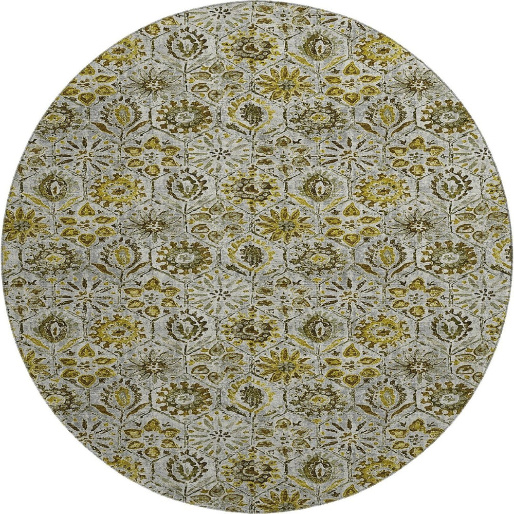 HomeRoots 8' X 10' Floral Area Rug in Pewter, Gold & Gray - Washable, UV Resistant, Durable for Family Living 708671