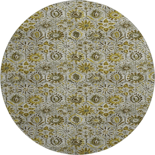 HomeRoots 8' X 10' Floral Area Rug in Pewter, Gold & Gray - Washable, UV Resistant, Durable for Family Living 708671