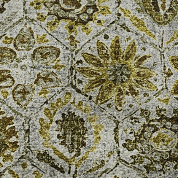 HomeRoots 8' X 10' Floral Area Rug in Pewter, Gold & Gray - Washable, UV Resistant, Durable for Family Living 708671