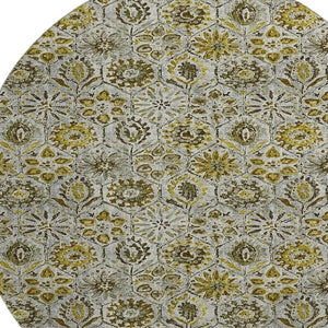 HomeRoots 8' X 10' Floral Area Rug in Pewter, Gold & Gray - Washable, UV Resistant, Durable for Family Living 708671