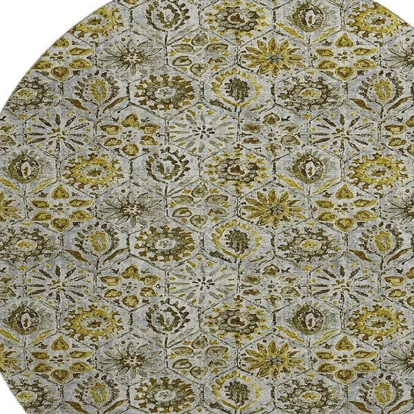 HomeRoots 8' X 10' Floral Area Rug in Pewter, Gold & Gray - Washable, UV Resistant, Durable for Family Living 708671