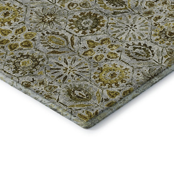 HomeRoots 9' X 12' Elegant Pewter Gold Gray Floral Area Rug - Washable, UV Protected, Stain Resistant Beauty 708672