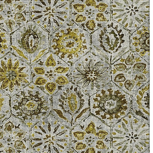 HomeRoots 9' X 12' Elegant Pewter Gold Gray Floral Area Rug - Washable, UV Protected, Stain Resistant Beauty 708672