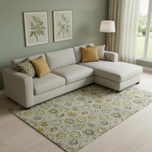 HomeRoots 10' X 14' Pewter Gold & Gray Floral Area Rug – Washable, UV-Protected, Durable for Family Living Spaces 708673