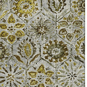 HomeRoots 10' X 14' Pewter Gold & Gray Floral Area Rug – Washable, UV-Protected, Durable for Family Living Spaces 708673