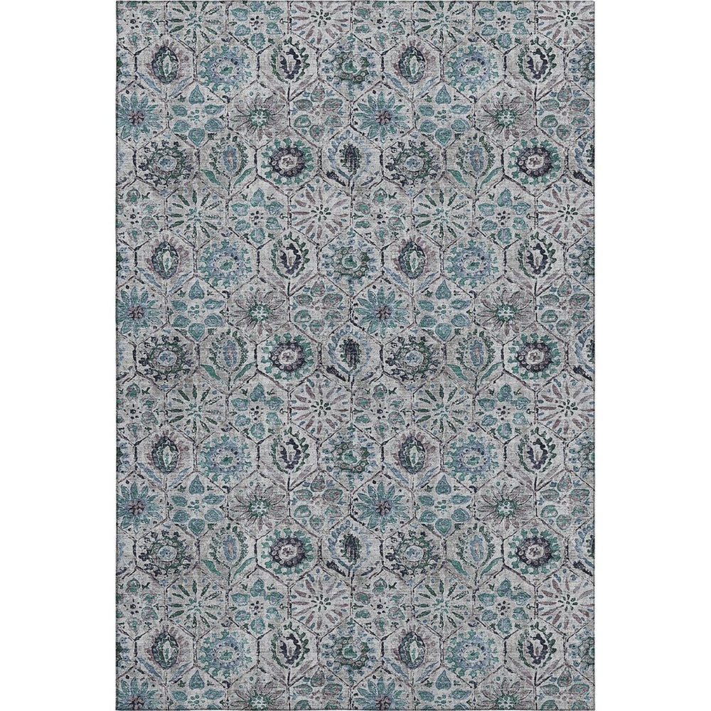 HomeRoots 5' X 8' Teal Gray Silver Floral Area Rug - Washable, UV Protected, Stain Resistant for High Traffic Rooms 708675