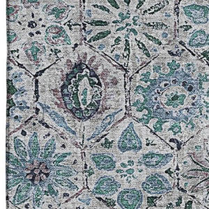 HomeRoots 5' X 8' Teal Gray Silver Floral Area Rug - Washable, UV Protected, Stain Resistant for High Traffic Rooms 708675
