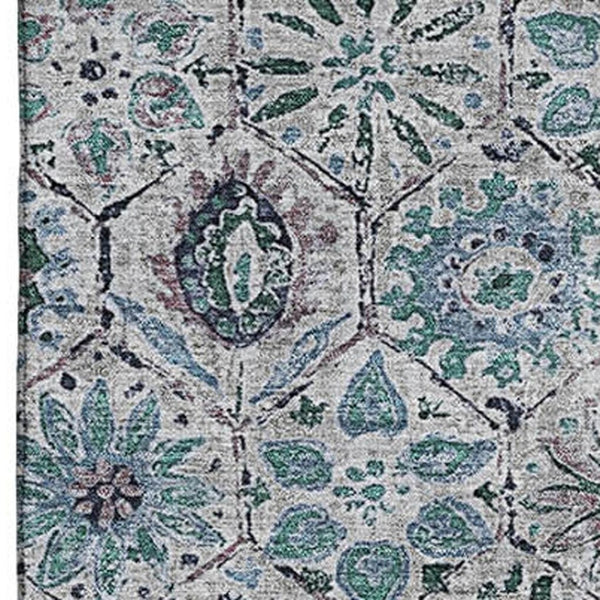 HomeRoots 5' X 8' Teal Gray Silver Floral Area Rug - Washable, UV Protected, Stain Resistant for High Traffic Rooms 708675