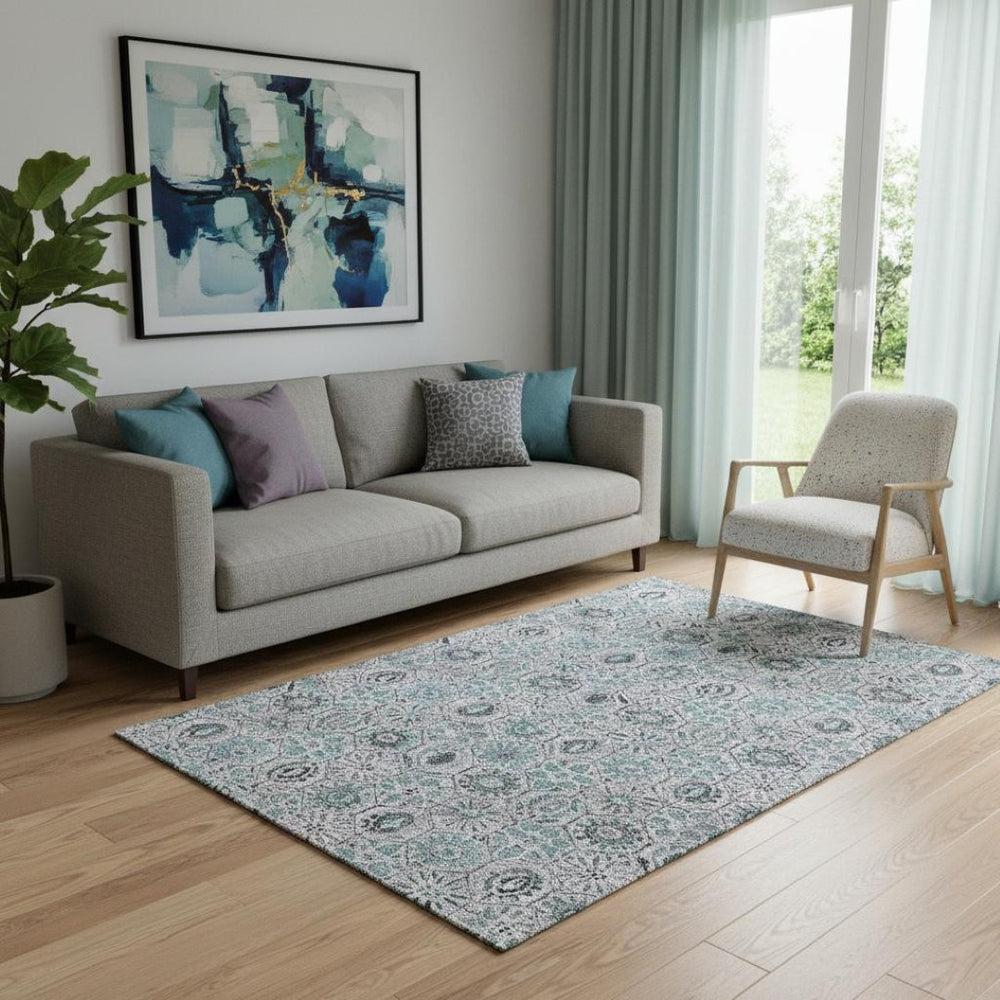 HomeRoots 8' Teal Gray & Silver Floral Washable Round Rug - Durable, Stain-Resistant, UV-Protected Design 708676
