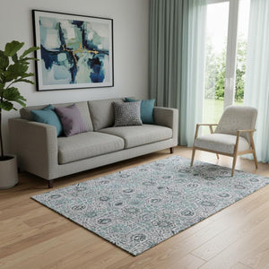 HomeRoots 8' Teal Gray & Silver Floral Washable Round Rug - Durable, Stain-Resistant, UV-Protected Design 708676