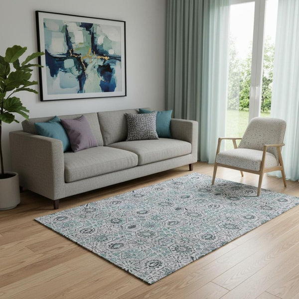 HomeRoots 8' Teal Gray & Silver Floral Washable Round Rug - Durable, Stain-Resistant, UV-Protected Design 708676