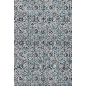 HomeRoots 8' Teal Gray & Silver Floral Washable Round Rug - Durable, Stain-Resistant, UV-Protected Design 708676
