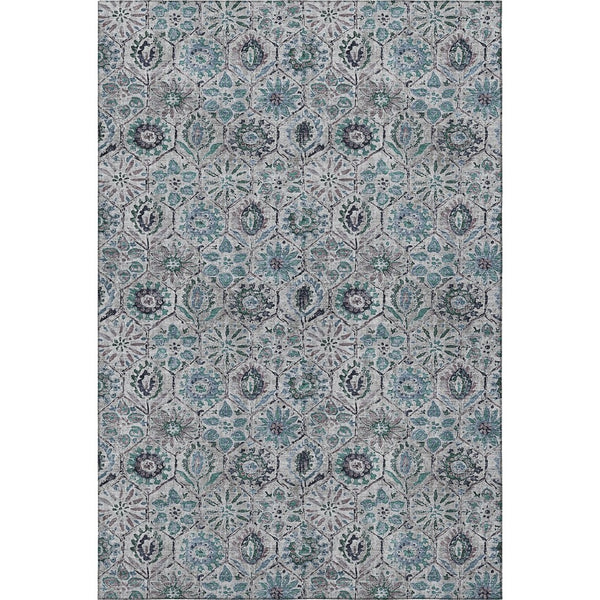 HomeRoots 8' Teal Gray & Silver Floral Washable Round Rug - Durable, Stain-Resistant, UV-Protected Design 708676